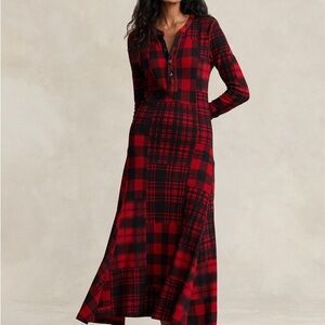 POLO RALPH LAUREN RED PLAID HENLEY MAXI DRESS